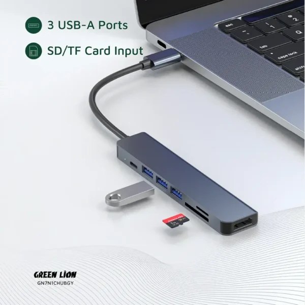 Green Lion 7-in-1 USB-C Hub: Multi-Port Dock with 4K HDMI & PD 100W in Gray - Image 2