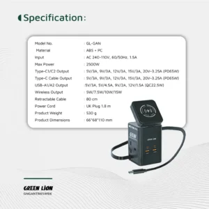Green Lion GaN 65W Multi Port Travel Adapter: Wireless & UK Plug in Black - Image 6