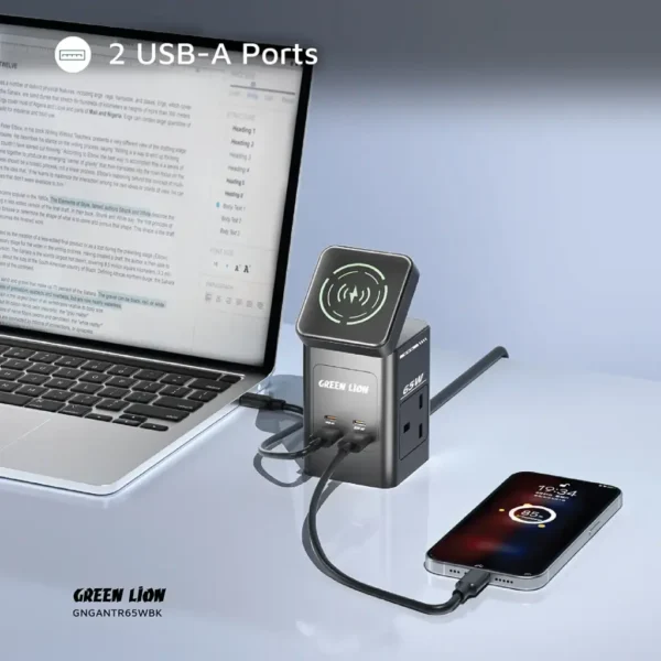 Green Lion GaN 65W Multi Port Travel Adapter: Wireless & UK Plug in Black - Image 5