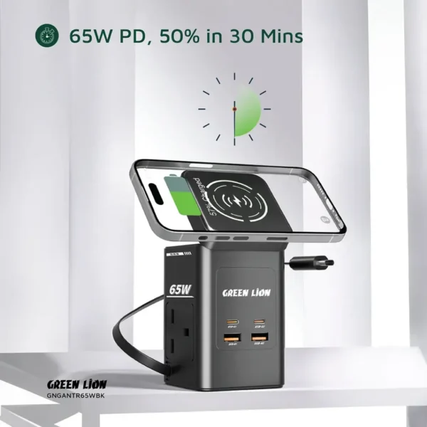 Green Lion GaN 65W Multi Port Travel Adapter: Wireless & UK Plug in Black - Image 2