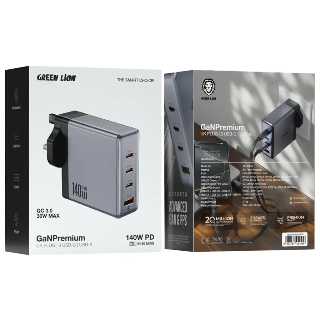 Green Lion GaN Premium UK Plug Wall Charger 140W Gray All Products