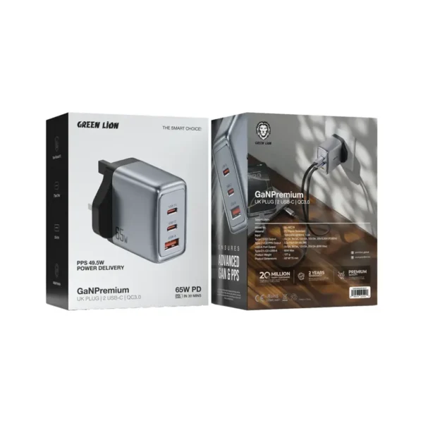 Green Lion GaN Premium UK Plug Wall Charger 65W - Gray - Image 2