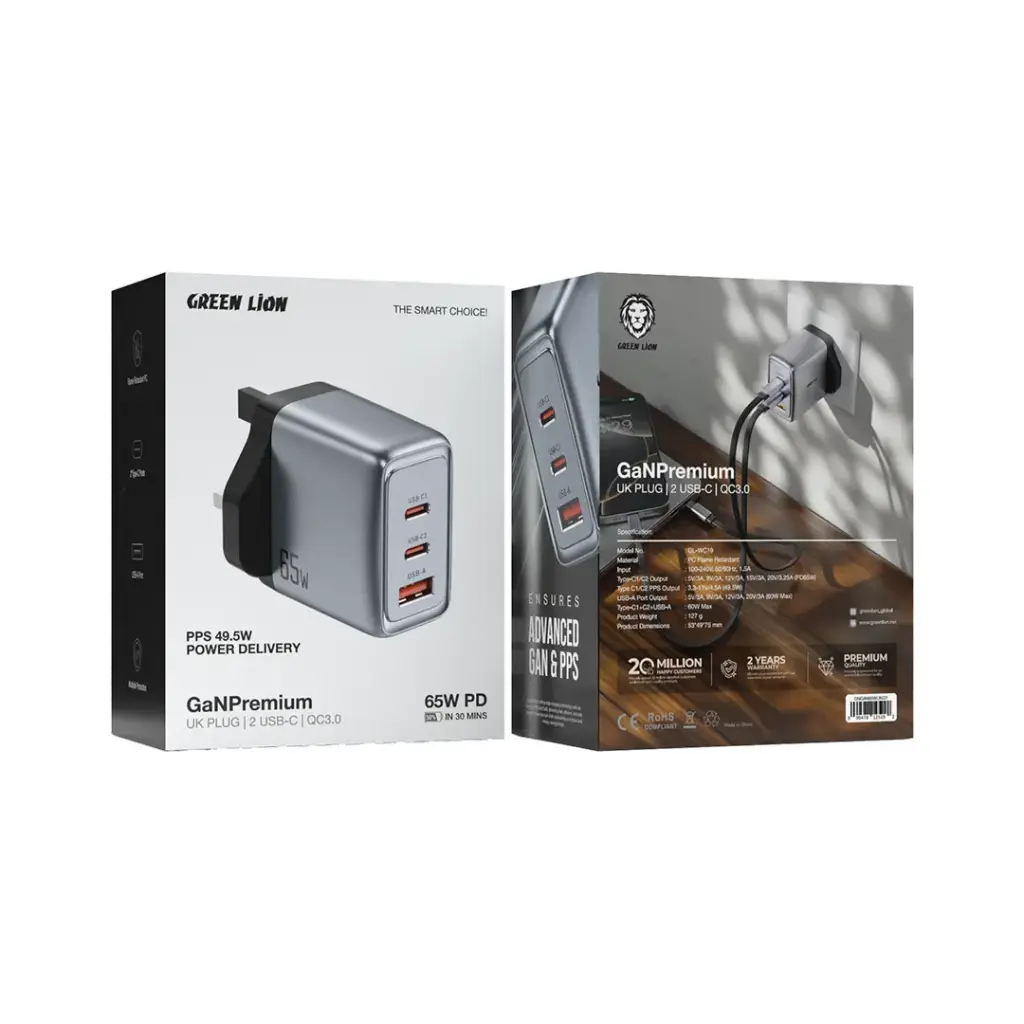 Green Lion GaN Premium UK Plug Wall Charger 65W Gray All Products