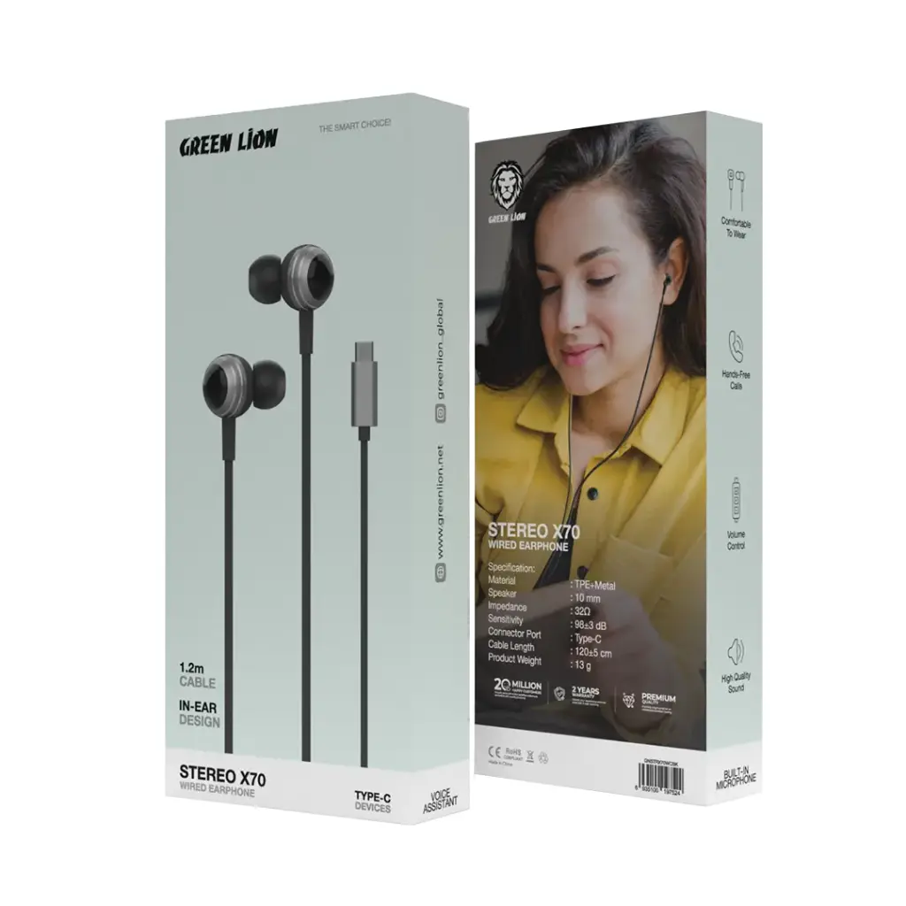 Green Lion Stereo X70 Wired Earphone 1.2m Type C Black All Products