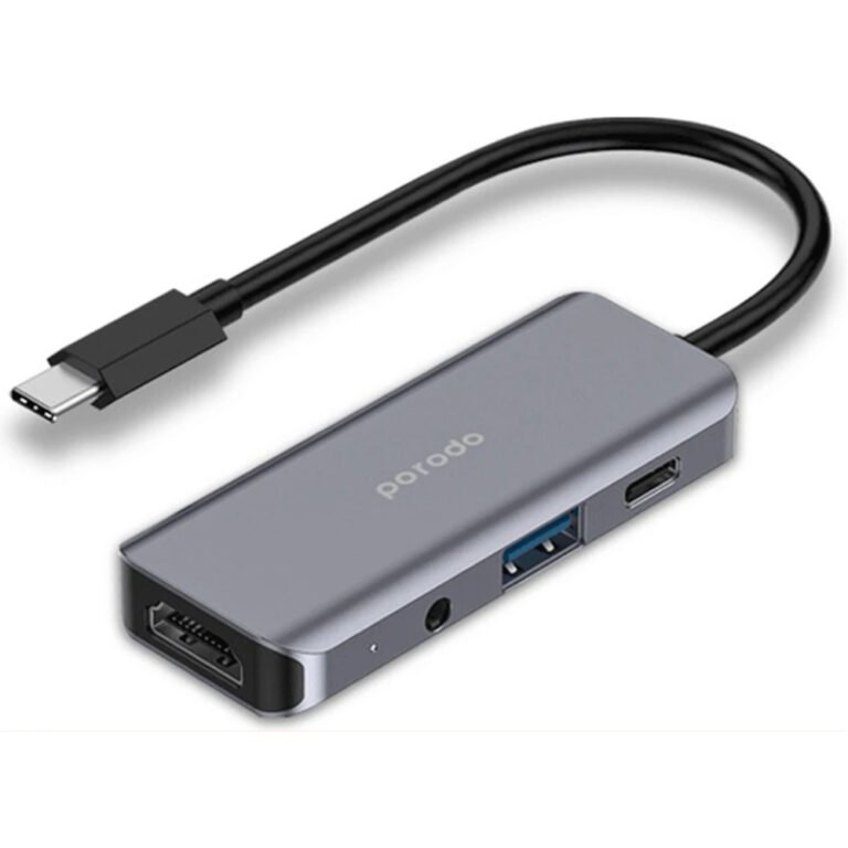 Porodo 4in1 USB-C Hub Type-C PD 100W HDMI USB 3.5mm Aux - Gray - 4k HDMI - 3.5 mm Audio Jack - PD 100W Fast charging