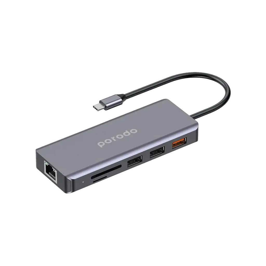 PD 91CHB GY Porodo 9in1 USB C Hub Type C PD 100W HDMI Ethernet USB SD Card 3.5mm Aux Gray All Products