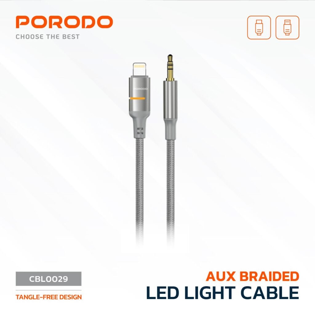 Porodo AUX to Lightning Cable with LED Light, 1.2m Cable Length, Universal Compatibility, Braided Cable Type, Tangle-Free Design - Gray
