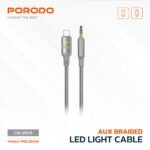 Porodo AUX to Lightning Cable with LED Light, 1.2m Cable Length, Universal Compatibility, Braided Cable Type, Tangle-Free Design - Gray