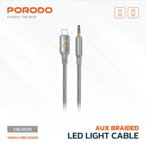 Porodo AUX to Lightning Cable with LED Light, 1.2m Cable Length, Universal Compatibility, Braided Cable Type, Tangle-Free Design - Gray