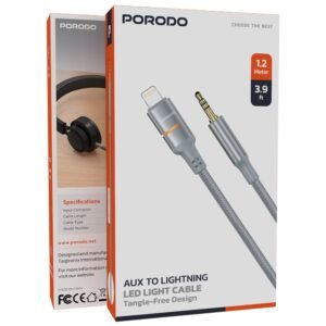 Porodo AUX to Lightning iPhone Cable with LED Light, 1.2m Cable Length, Universal Compatibility, Braided Cable Type, Tangle-Free Design - Image 2