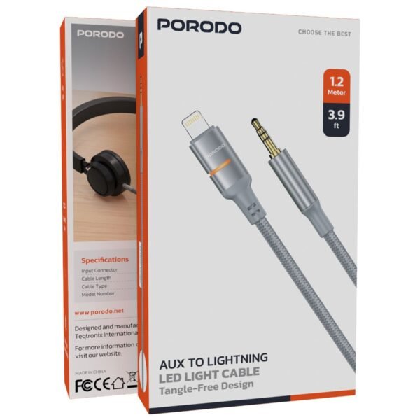 Porodo AUX to Lightning iPhone Cable with LED Light, 1.2m Cable Length, Universal Compatibility, Braided Cable Type, Tangle-Free Design - Image 2
