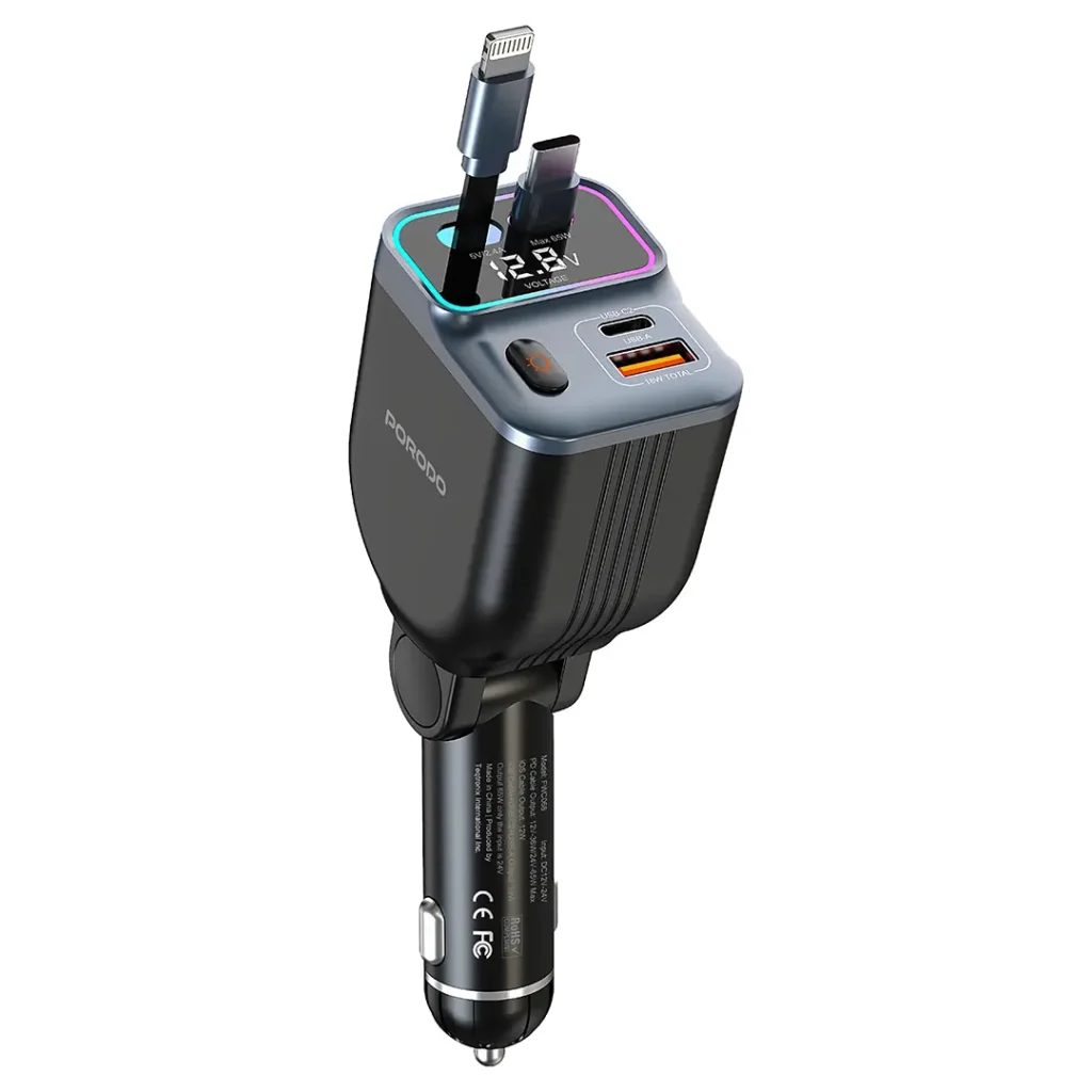 porodo 65W Car Charger Built-in Dual 80cm Retractable Cable & Real-Time Voltage Display / LED Ambient Lights / Universal Compatibility