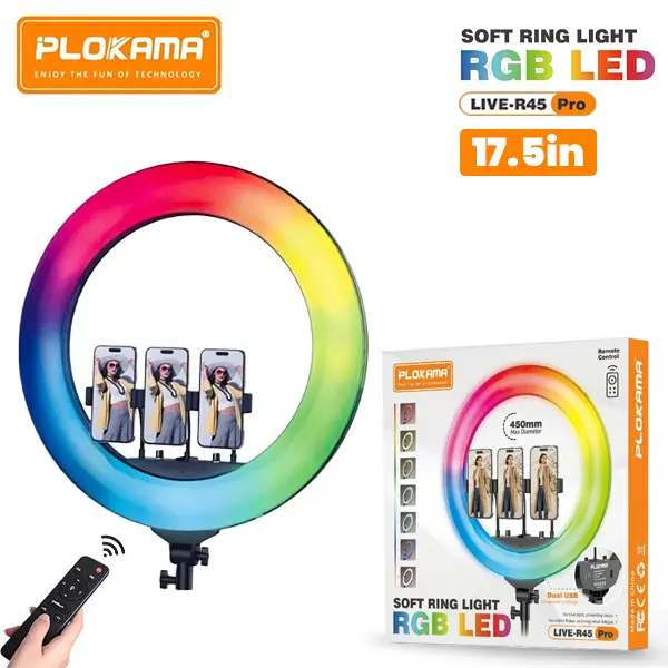 Plokama R45 Pro Soft LED RGB Ring Light 17.5 Inch: Adjustable Brightness, Professional Photography & Content Creation