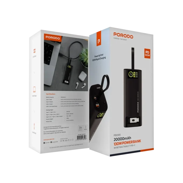 Porodo 20000mAh 130W Power Bank with 1 Meter Retractable Type-C Cable / PD 100W Rapid Charging / Input/Output / Info Display / Laptop Charger - Image 3