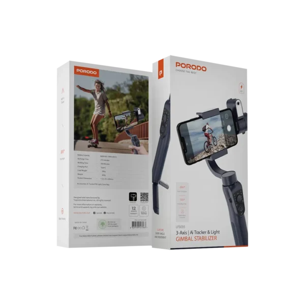 Porodo 3-Axis Ai Tracker & Light Gimbal Stabilizer - Black - Image 3