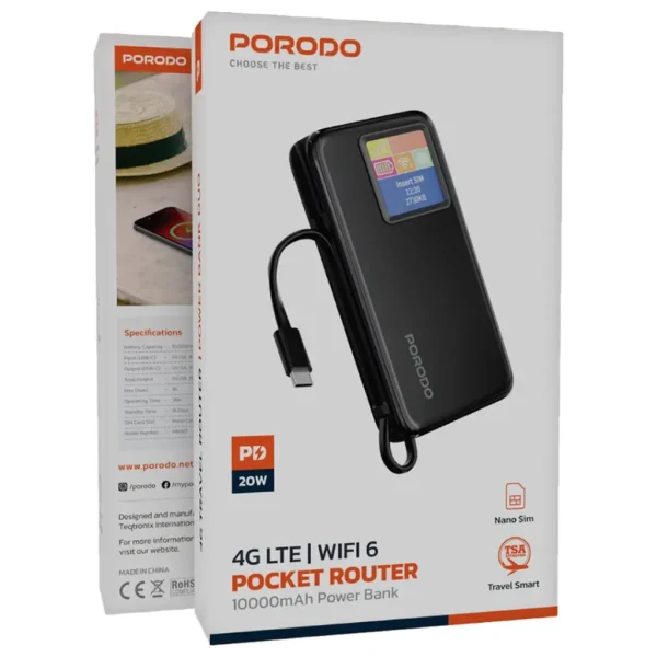 Porodo 4G LTE | WiFi 6 Pocket Router with 10000mAh Power Bank Black - Image 3