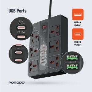 Porodo 6 AC 2 USB-A 24W & 4 USB-C PD 36W Multi-Port Super Hub 3M 3000W UK - Image 8