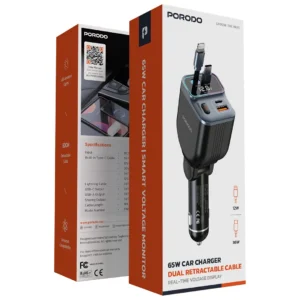 porodo 65W Car Charger Built-in Dual 80cm Retractable Cable & Real-Time Voltage Display / LED Ambient Lights / Universal Compatibility - Image 5