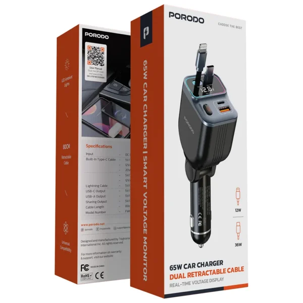 porodo 65W Car Charger Built-in Dual 80cm Retractable Cable & Real-Time Voltage Display / LED Ambient Lights / Universal Compatibility - Image 5