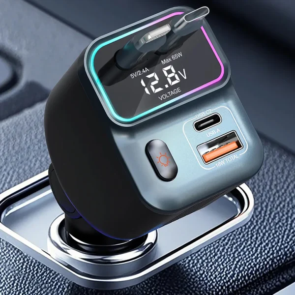 porodo 65W Car Charger Built-in Dual 80cm Retractable Cable & Real-Time Voltage Display / LED Ambient Lights / Universal Compatibility - Image 2