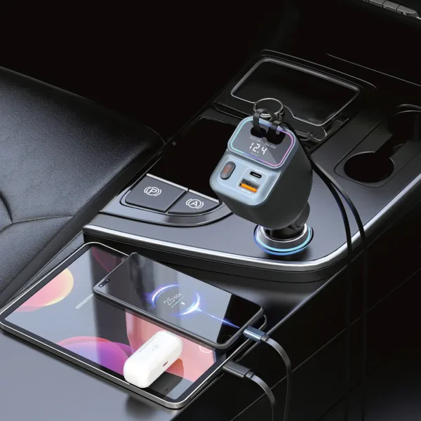 porodo 65W Car Charger Built-in Dual 80cm Retractable Cable & Real-Time Voltage Display / LED Ambient Lights / Universal Compatibility - Image 3