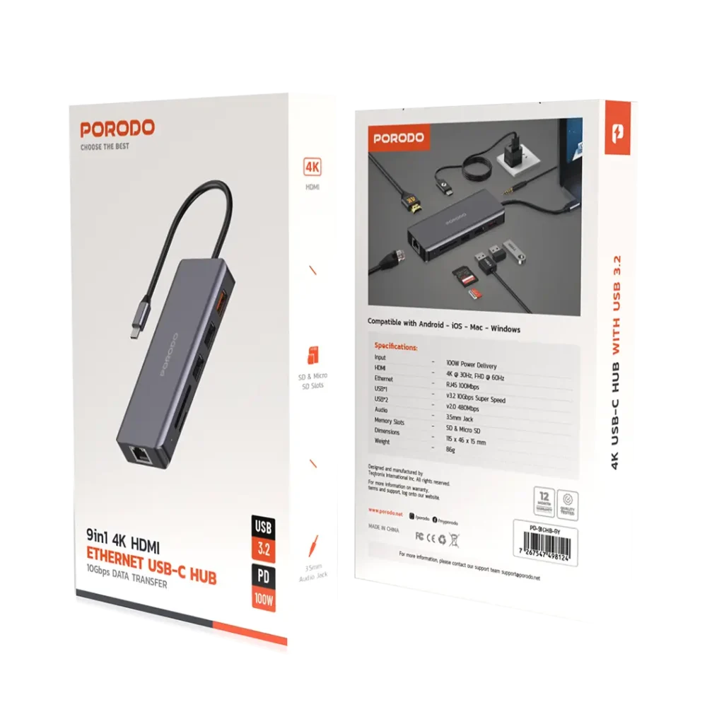 Porodo 9in1 USB C Hub Type C PD 100W HDMI Ethernet USB SD Card 3.5mm Aux Grey All Products