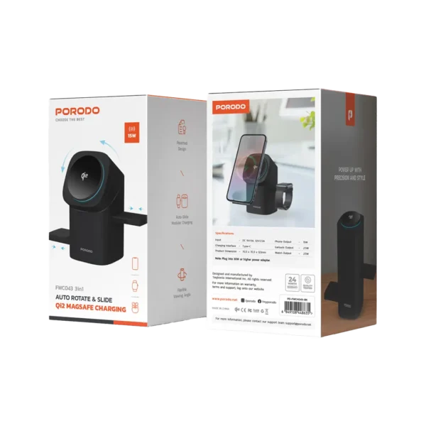 Porodo 3 in 1 Auto Rotate & Slide Qi2 MagSafe Charging - Black - Image 4