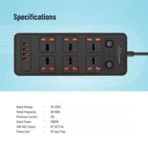 Porodo Blue 6 AC Dual Switch Power Strip: 3000W 3m Cable UK Plug - Image 6