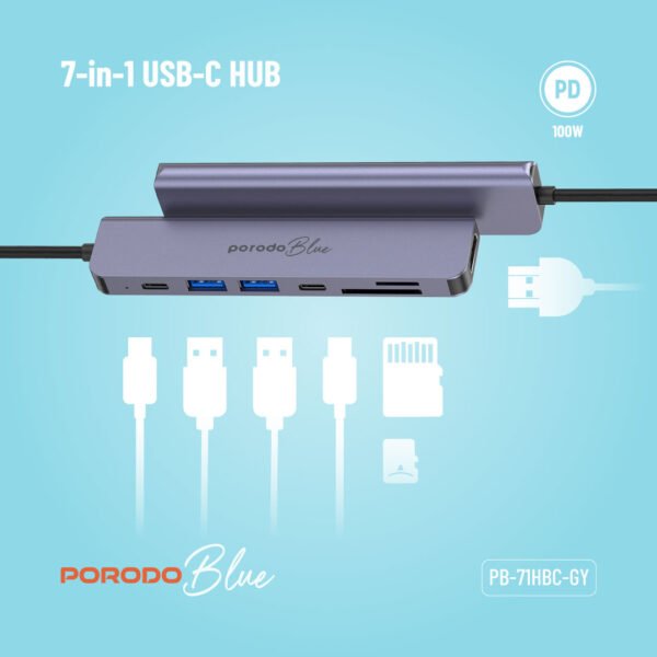 Porodo 7in1 USB C Hub, Type C Hub, HDMI 2XUSB-A, 2XUSB-C, MicroSD - Image 4