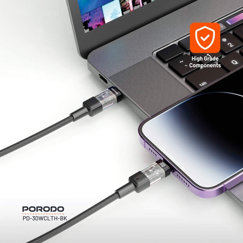 Porodo Braided 30W PD C to Lightning Fast Charging Cable with Transparent Head 1.2M All Products