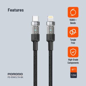 Porodo Braided 30W PD C to Lightning Fast Charging Cable with Transparent Head 1.2M - Image 5
