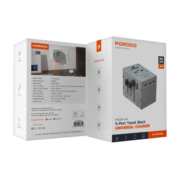 Porodo GaN 5-Port Travel Block Universal Charger - Grey - Image 4