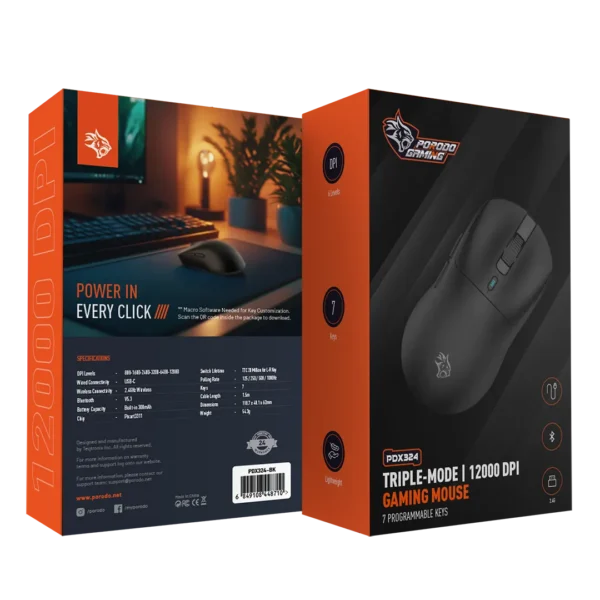 Porodo Gaming Triple-Mode Gaming Mouse, 800 to 12000 DPI, 20M Click Life Time, 2.4GHz/ BT v5.3 Wireless Connectivity, 1.5 Cable USB-C Wired Connectibity, 300mAh Battery, 7 Programmable Keys - Image 4