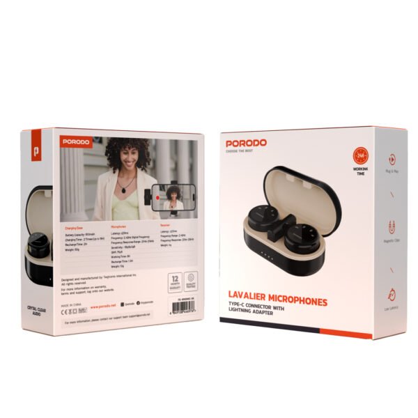 Porodo Lavalier Microphones Type-C Connector With Lightning Adapter - Black - Image 3