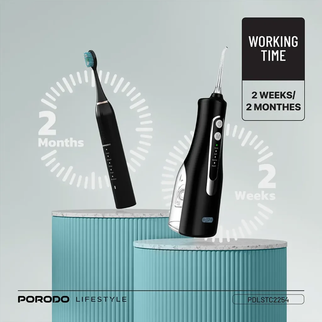 Porodo Lifestyle Ultimate Oral Care Duo Electric Toothbrush Water Flosser Combo Black All Products