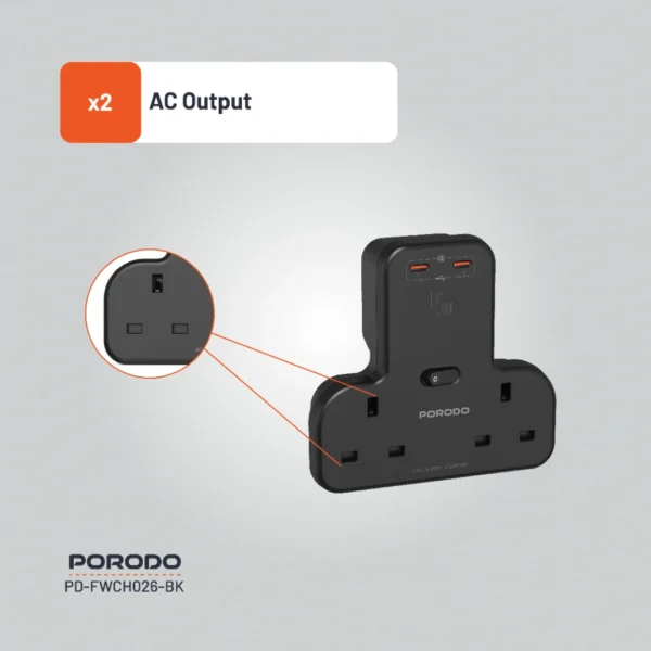 Porodo Multi-Port Wall Socket - Black - Image 3