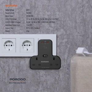 Porodo Multi-Port Wall Socket - Black - Image 4