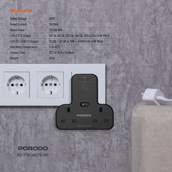 Porodo Multi-Port Wall Socket - Black - Image 4