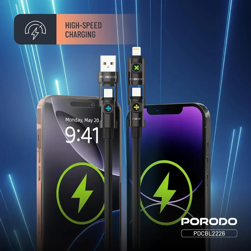 Porodo Powerglow 4 In 1 High Speed Charging Cable PD 240W Black2 All Products