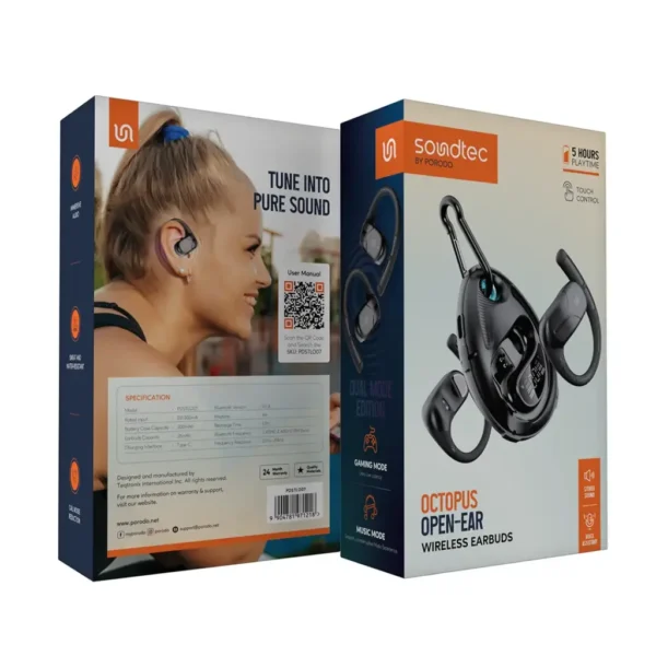 Porodo Soundtec Octopus Open-Ear Wireless Earbuds - Black - Image 3