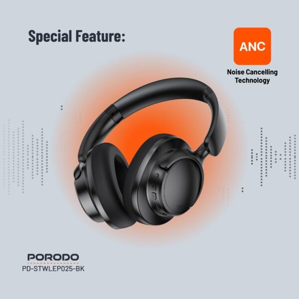 Porodo Soundtec Zen Active Noise-Cancellation Headphone - Black - Image 2