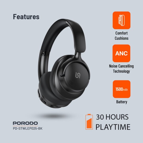 Porodo Soundtec Zen Active Noise-Cancellation Headphone - Black - Image 4