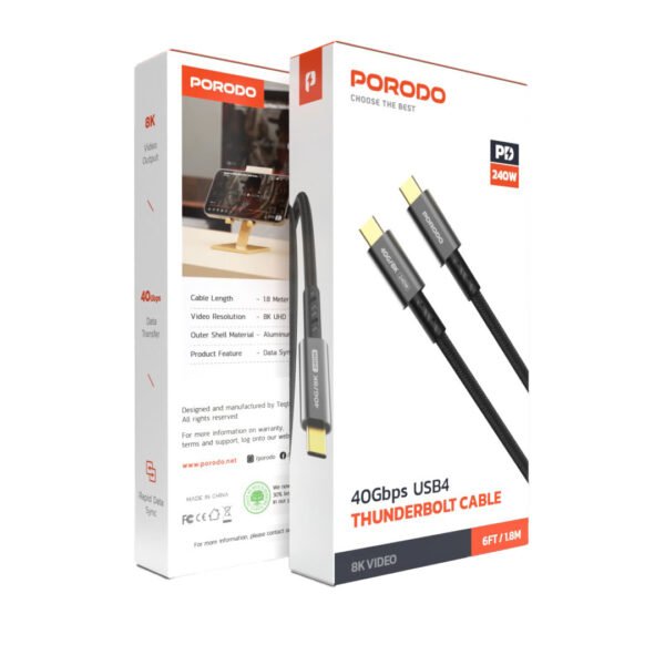 Porodo Woven TypeC-C Cable 240w 40gbps 8K 60hz - Black - Image 3
