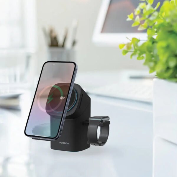 Porodo 3 in 1 Auto Rotate & Slide Qi2 MagSafe Charging - Black - Image 3