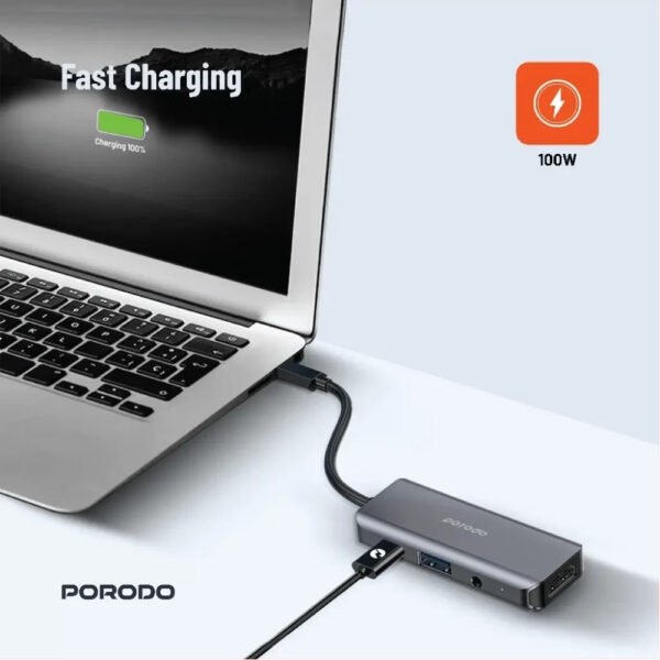 Porodo 4in1 USB-C Hub Type-C PD 100W HDMI USB 3.5mm Aux - Gray - 4k HDMI - 3.5 mm Audio Jack - PD 100W Fast charging - Image 7
