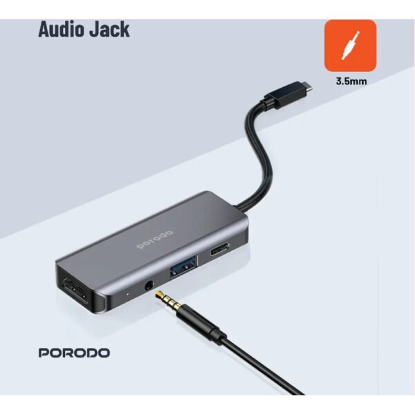 Porodo 4in1 USB-C Hub Type-C PD 100W HDMI USB 3.5mm Aux - Gray - 4k HDMI - 3.5 mm Audio Jack - PD 100W Fast charging - Image 6