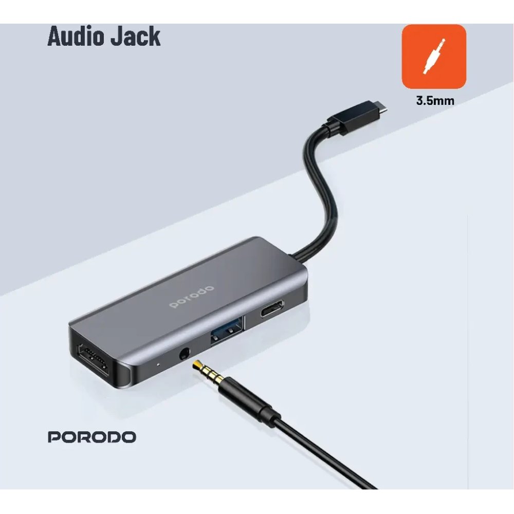 Porodo 4in1 USB-C Hub Type-C PD 100W HDMI USB 3.5mm Aux - Gray - 4k HDMI - 3.5 mm Audio Jack - PD 100W Fast charging - Image 6