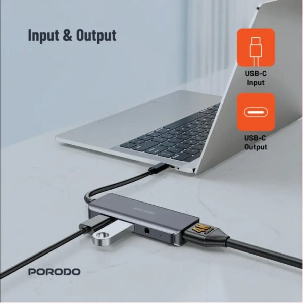 Porodo 4in1 USB-C Hub Type-C PD 100W HDMI USB 3.5mm Aux - Gray - 4k HDMI - 3.5 mm Audio Jack - PD 100W Fast charging - Image 4