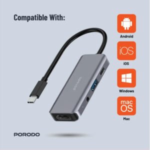 Porodo 4in1 USB-C Hub Type-C PD 100W HDMI USB 3.5mm Aux - Gray - 4k HDMI - 3.5 mm Audio Jack - PD 100W Fast charging - Image 3