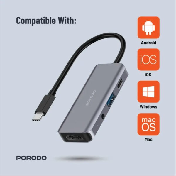 Porodo 4in1 USB-C Hub Type-C PD 100W HDMI USB 3.5mm Aux - Gray - 4k HDMI - 3.5 mm Audio Jack - PD 100W Fast charging - Image 3